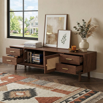 70Inch TV Stand With Rattan Doors For Tvs Up To 80", Farmhouse Media Entertainment Center For Home