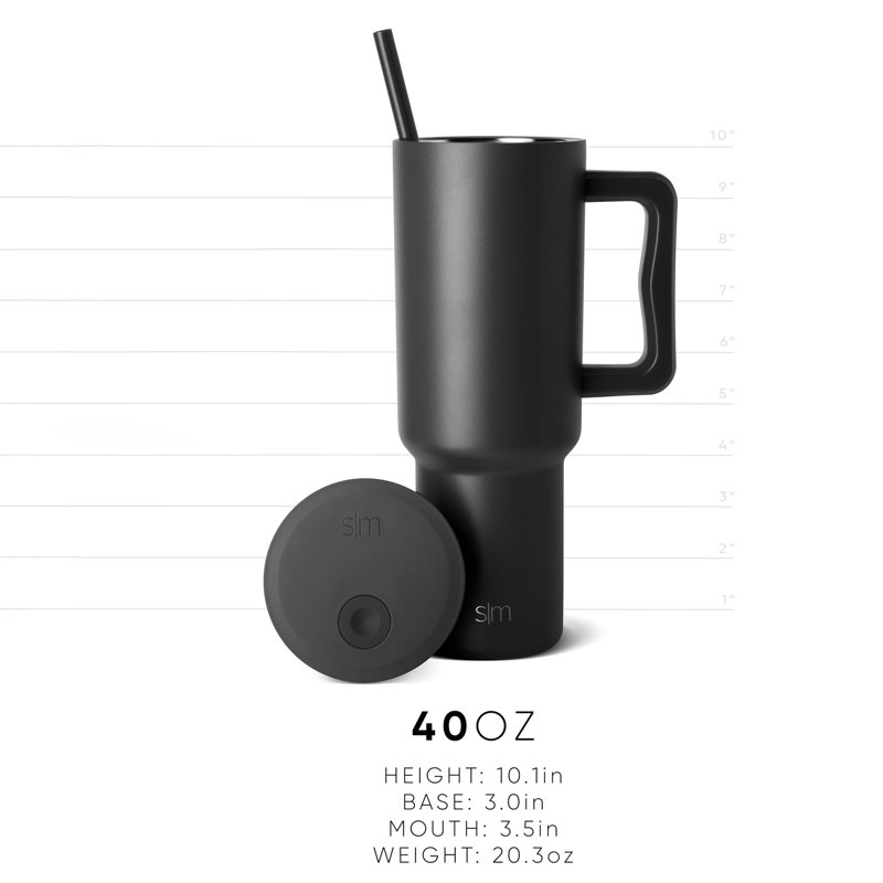 Grande tasse isotherme 40 oz avec poignée et couvercle en paille, Noir minuit