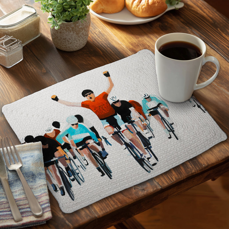 Ensemble de 4 napperons en polyester tressé «Cyclistes à la course»