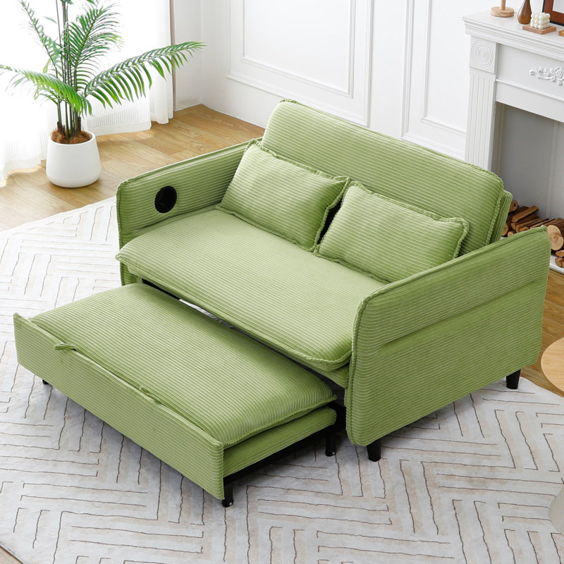 65.7" Corduroy Upholstered Pull-out Sofa With Cup Holder, Green