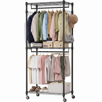 29.53"W Rolling Double Clothes Rack, 3-Tier Adjustable Garment Organizer with 2 Hanging Bars, 660 LBS Heavy Duty Steel Clothing Storage, Locking Wheel