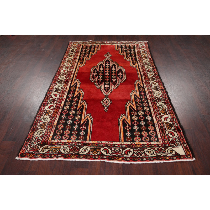 Tapis décoratif en laine de conception unique noué à la main de couleur rouge Hamedan de 4 pi 2 po x 6 pi 7 po Caillan