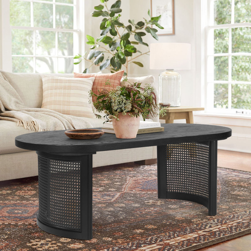 Antowine 48" Oval Solid Oak Wood Coffee Table with Cane Rattan Legs, Black