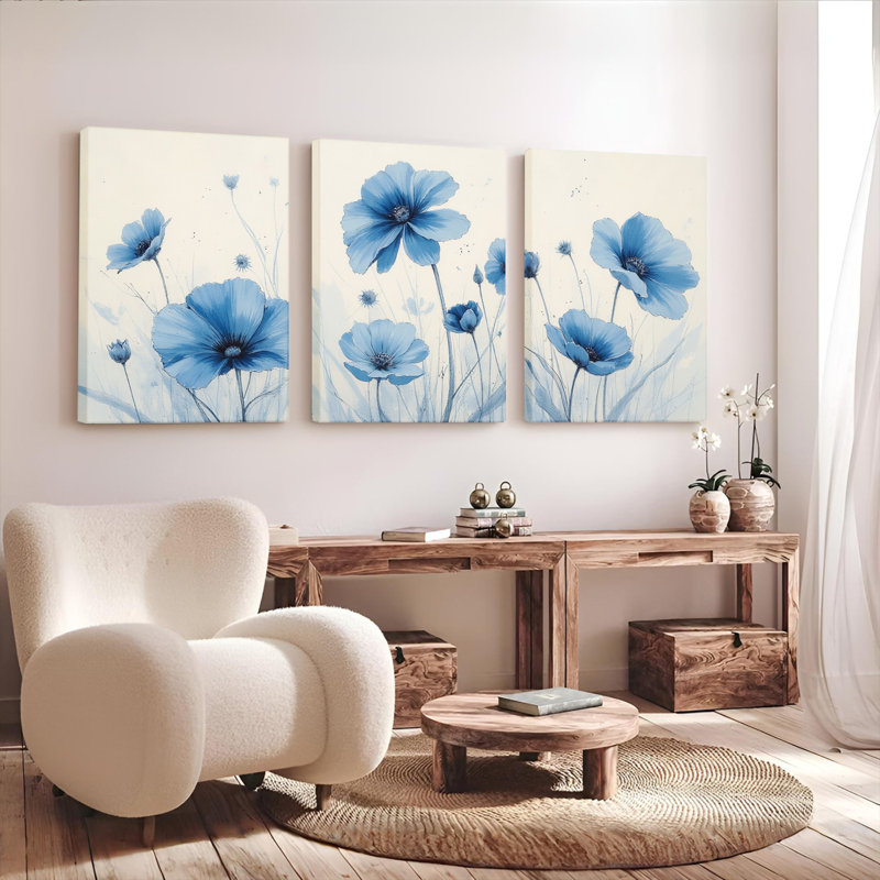 "Blue Floral", art mural, reproduction de peinture à l'huile (ensemble de 3), H 18 po x l 36 po