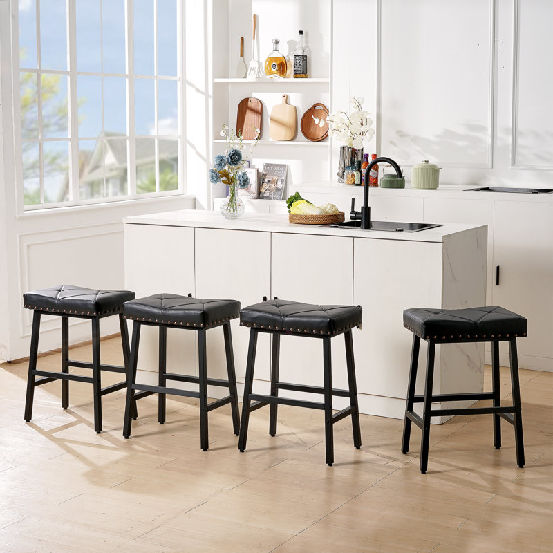 Set of 4 Backless Saddle Counter Height Bar Stools with Faux Leather Seat, Nailhead Trim & Tufted Upholstered for Kitchen Island, Home Bar