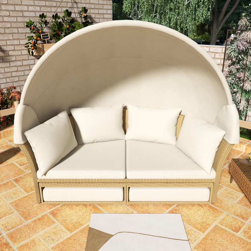 Lit de jour double en rotin d'extérieur avec auvent rétractable en osier, 4 coussins, beige - convient pour la pelouse, le jardin, la cour, le porche et la piscine