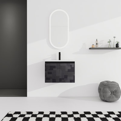 24'' Bathroom Vanity With Ceramic Basin. Soft-Close Door. Wall Mount. Modern Black Plywood Cabinet Sink Vanity. . Ceramics. Plywood. Captivating