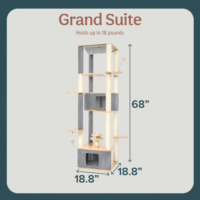 Tall Modern Sisal and Bamboo Cat Tower with Gray Felt