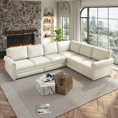 Canapé-lit d'angle de 118 pouces avec lit gigogne, chenille beige/blanche