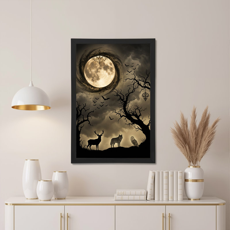 Loup, cerf, hibou et chauves-souris, pleine lune, forêt sépia, art mural, H 30 po x l 20 po