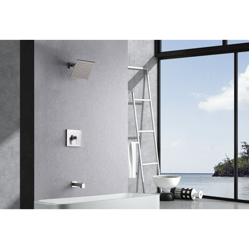 Rift Collection Shower System: 8" Square Rain Shower Head, Tub Spout, & Rough-in Valve Included - Brushed Nickel