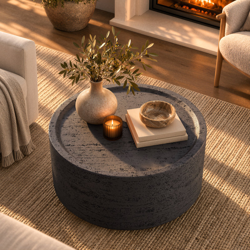 Table basse ronde 28 po d'intérieur en béton moderne pour salon, gris foncé, Gris foncé