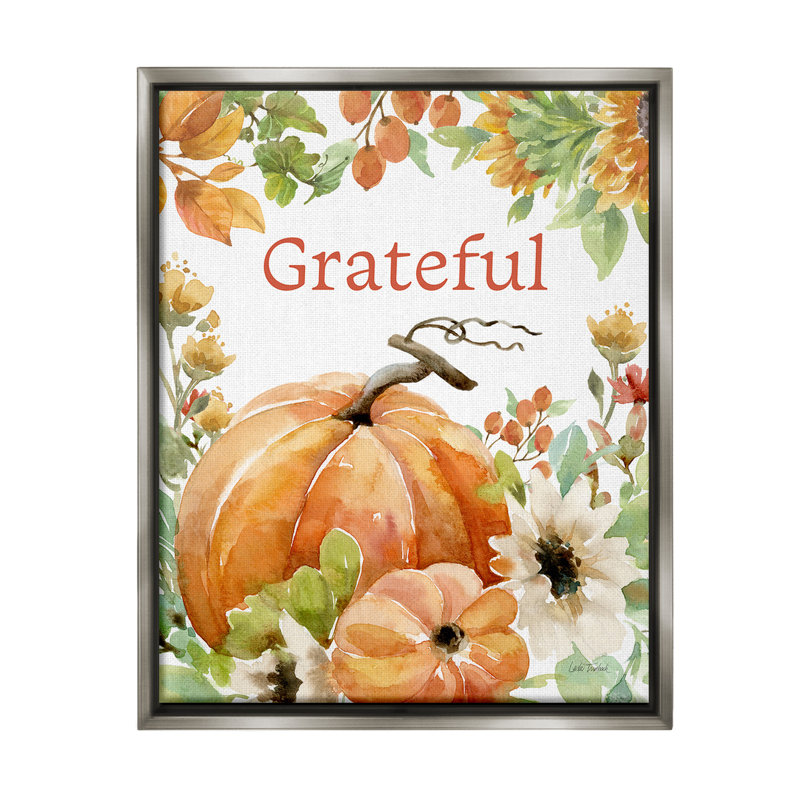 "Grateful Pumpkins And Flowers" par Leslie Trimbach sur toile, Cadre flottant gris lustré, H 31 po x l 25 po