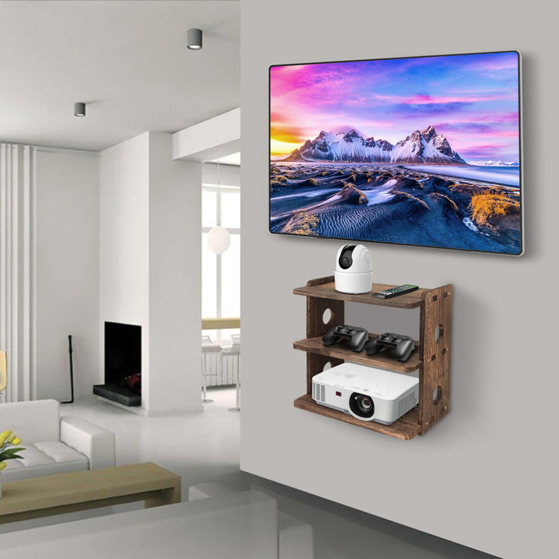 Wooden Floating Shelf Wall Mount Projector Router TV Bracket, Brown