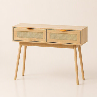 Console en rotin avec 2 tiroirs de rangement, table d'entrée en rotin avec porte coulissante en rotin naturel