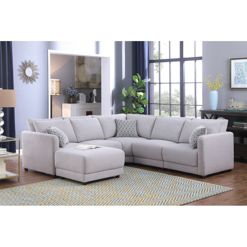 Modern Sofa Penelope 94.5" Linen Fabric Reversible L-Shape Sectional Sofa With Ottoman And Pillows