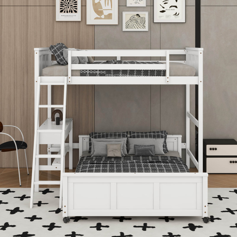Lit simple superposé au dessus d'un lit double avec bureau, Blanc
