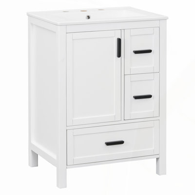 Modern 24-inch Bathroom Vanity with Ceramic Sink, Soft-Close Door, Double-Layer Door Shelf, and 3 Drawers
