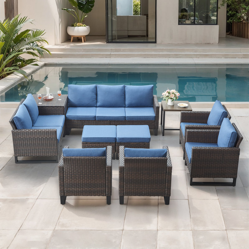Ingvald 9-11 Person All-Weather Wicker Outdoor Conversation Set Seating Group With Lounge Chairs And Ottomans, Blue