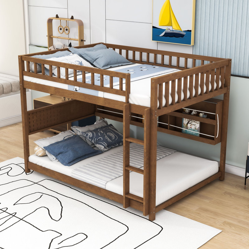 Wooden Bunk Bed with Shelves, LED Lighting and Pegboard Storage, Full Over Full, Brown