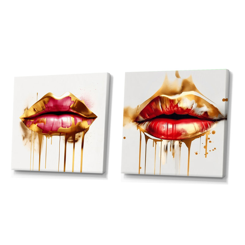 Golden Red Lips Of Luxury - Fashion Square - ensemble de 2 collages carrés, H 16 po x l 33 po, Toile tendue