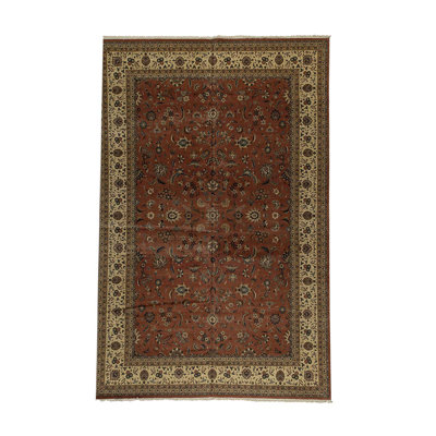 Tapis unique en laine noué à la main brun, beige et bleu de 12 pi 1 po x 18 pi 4 po