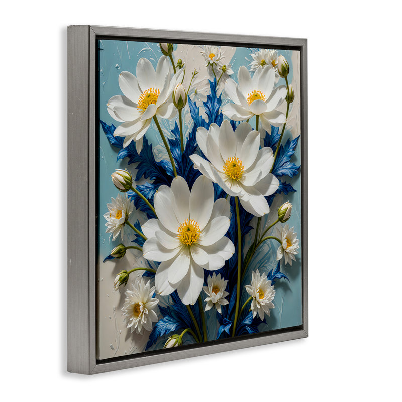 «Magnolias & Blue Florals», art mural sur toile flottante gris par Yuri Khrushch, Cadre flottant gris lustré