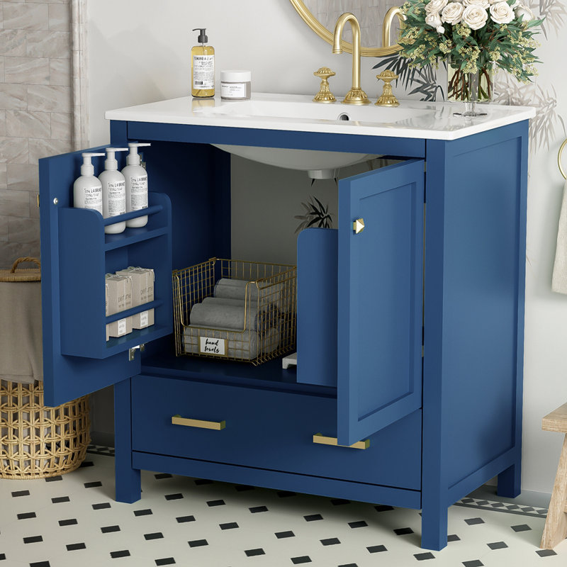 Meuble-lavabo avec lavabo simple, 2 portes et un tiroir, Bleu