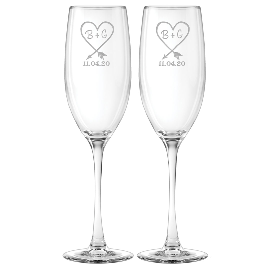 Personalized Carved Heart Date 8 oz. Glass Flute (Set of 2) Le Prise™