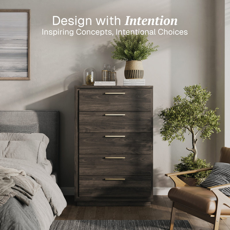 5 Drawer Dresser, Wood Storage Chest with Rose Gold Handles, Brown