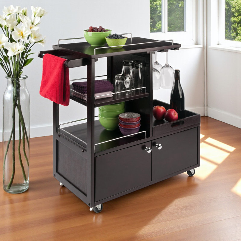 Galen Glass Rack Wine Utility Cart with Wheels in Espresso, 33.05" H X 29.83" W X 15.73" D