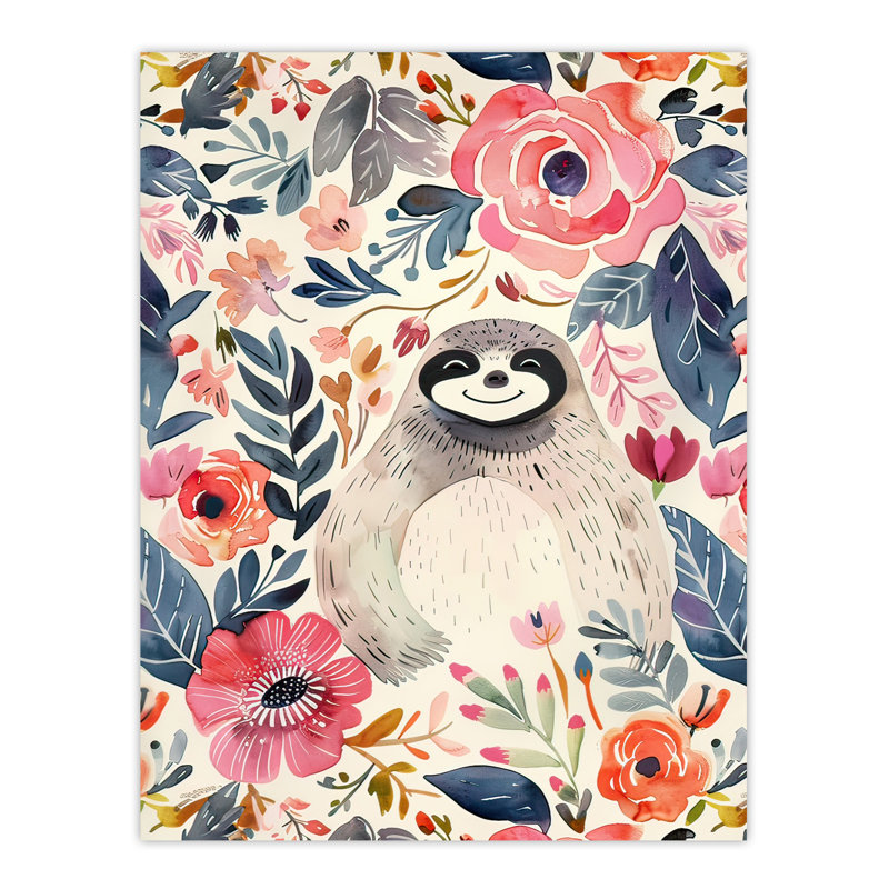Happy Sloth Smiling Anemone Floral Pattern Wall Art Print