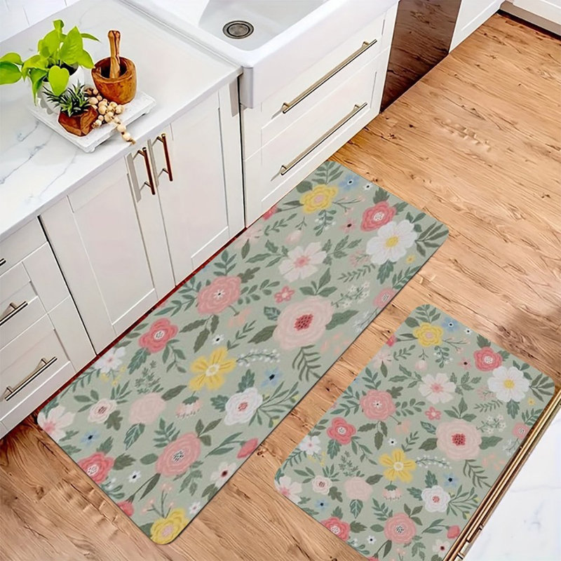Tapis de cuisine pastel à motif floral Ditsy, ensemble de 2 tapis de flanelle antidérapants pour chambre d'enfant et cuisine
