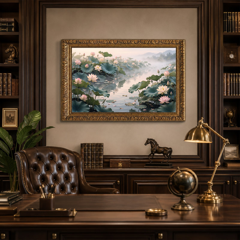 Art mural sur toile rose et blanc avec fleurs de lotus dans un étang brumeux, H 20 po x l 30 po