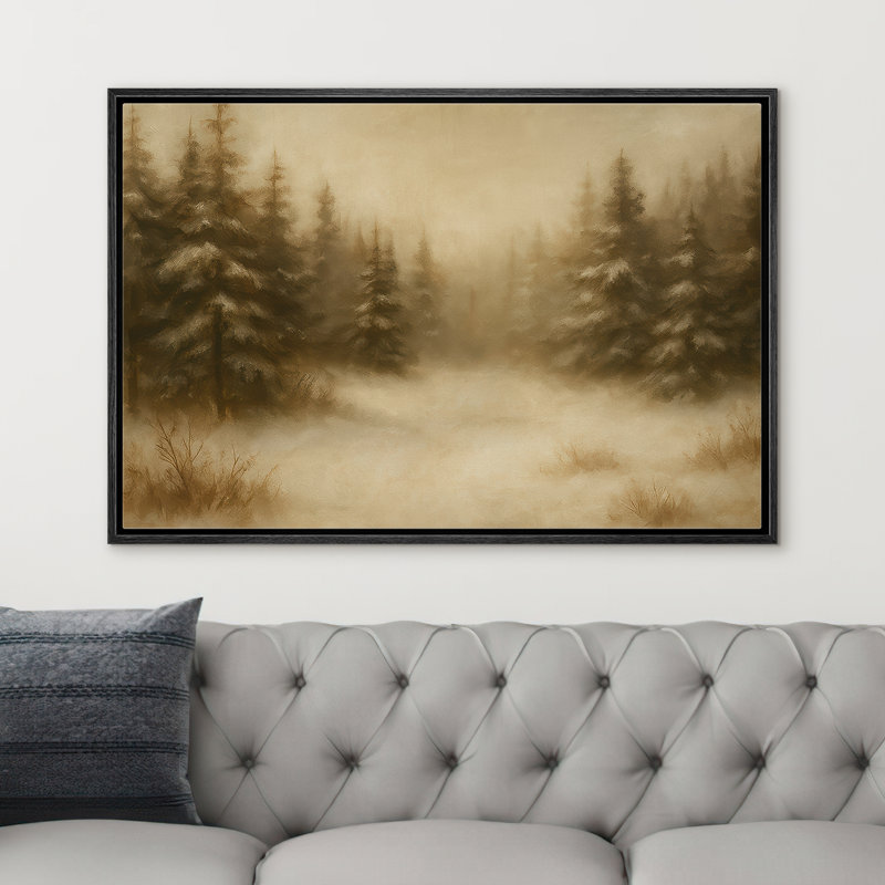«Snowy Evergreen Forest in Soft Golden Light», reproduction d'art sur toile encadrée dans la chambre principale, Noir