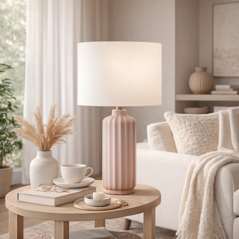 Limy Table Lamp, 23 Inch, Ivory Drum Shade, Ribbed Pink Ceramic Base, Pink
