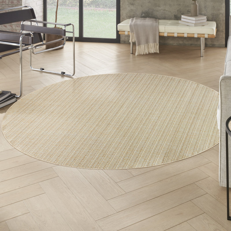 Tapis intérieur / extérieur rayé Tulum, Ivoire/Crème, Rond 8 pi