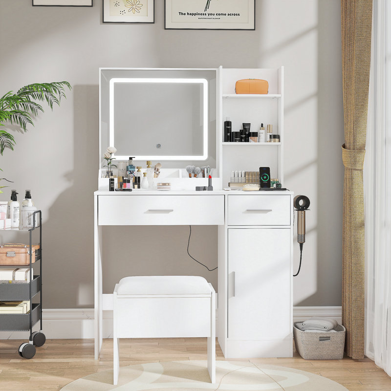 Ensemble de coiffeuse, bureau de coiffeuse avec tabouret, miroir lumineux à DEL et station de charge Lavin, blanc, Blanc