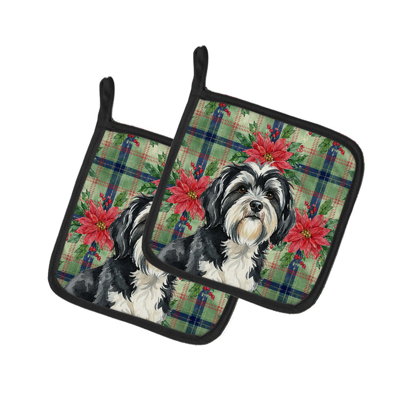 Paire de poignées de poinsettas de Noël terrier tibétain noir et blanc