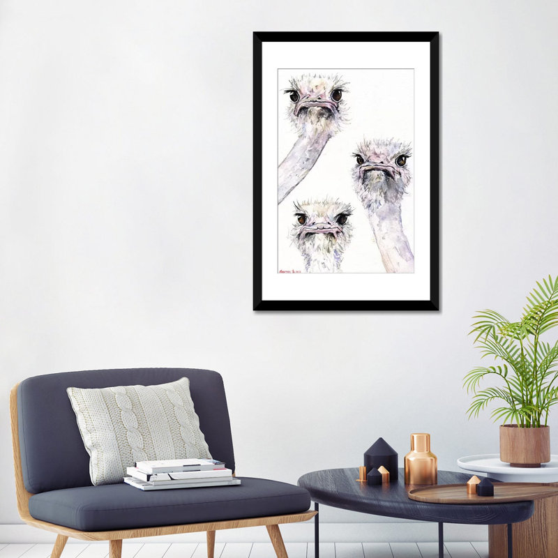 «Ostriches» par George Dyachenko - reproduction d'art sur toile tendue, H 24 po x l 16 po x P 1 po, Papier d'art encadré noir