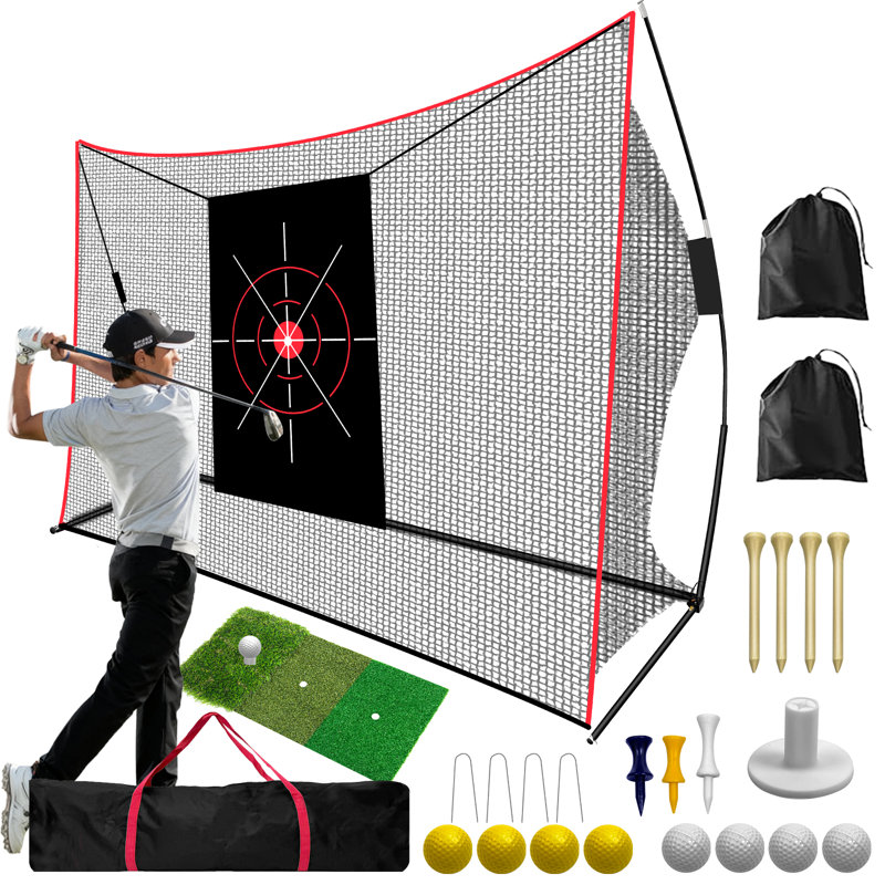 Filet de golf 10 x 7 pi robuste, ensemble complet tout-en-1 avec tapis, 8 balles, tés et sac