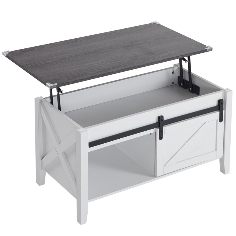 Table basse avec plateau relevable et rangement, Blanc, Gris