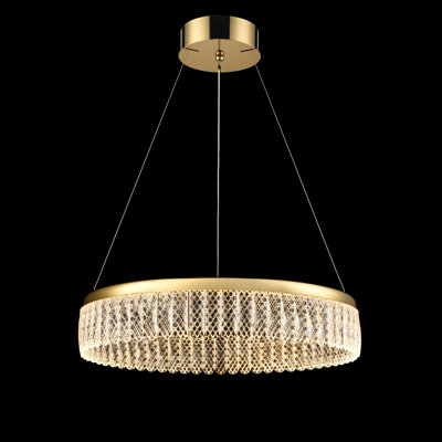 Single tier LED pendant in a gold finish and delicate lattice detailed crystal glasses with scalloped edge.