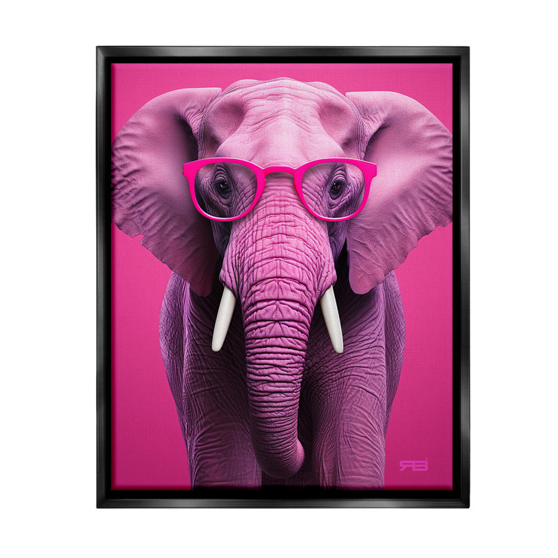 "Vivid Pink Elephant" par RB sur toile, H 21 po x l 17 po, Cadre flottant noir de jais