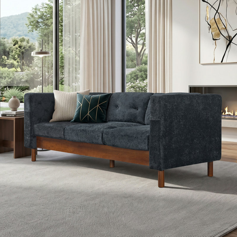Canapé moderne 3 places en chenille de 198 cm (78 po), canapé capitonné à accoudoirs carrés avec pieds en bois d'hévéa, canapé rembourré multi-coussins pour salon ou appartement