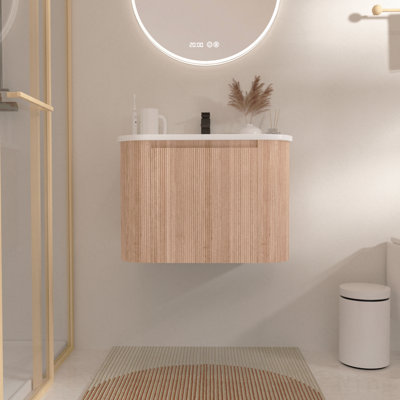 Meuble-lavabo mural avec lavabo, finition en bois incurvé à texture ondulée, marbre de culture intégré, tiroir flottant pré-assemblé, armoire flottante moderne