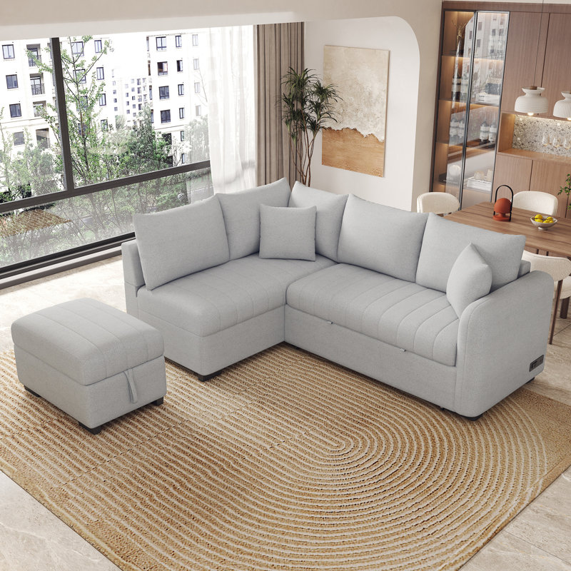 Canapé-lit modulaire en forme de L de 82,6 po avec deux ports USB, Polyester gris