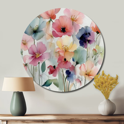 Red Green Watercolor Poppy Field - Poppies Large Round Metal Wall Art