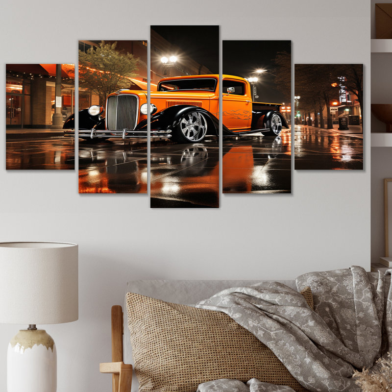 «Orange Pickup Truck Night Drifters», impression d'art mural transport - 5 panneaux