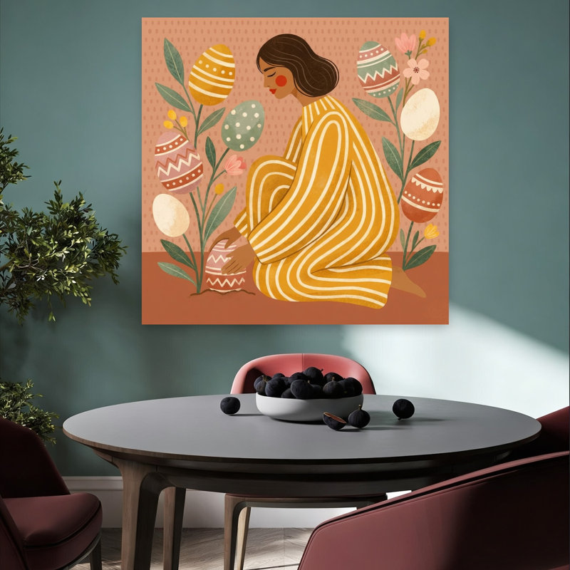 Woman Planting Easter Eggs Colorful Whimsical Abstract Nature Spring Wall Art Print 1 Piece Wrapped Canvas Wall Art